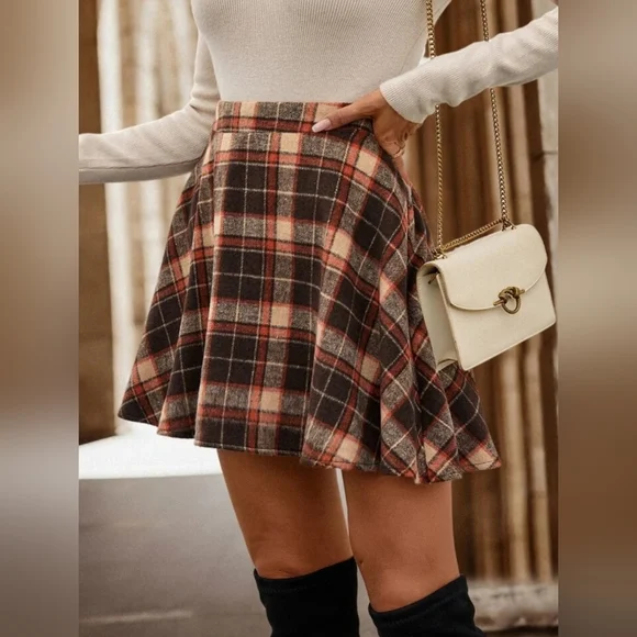 SHEIN Skirts Xs High Waist Brown And Cream Plaid Skirt Shein